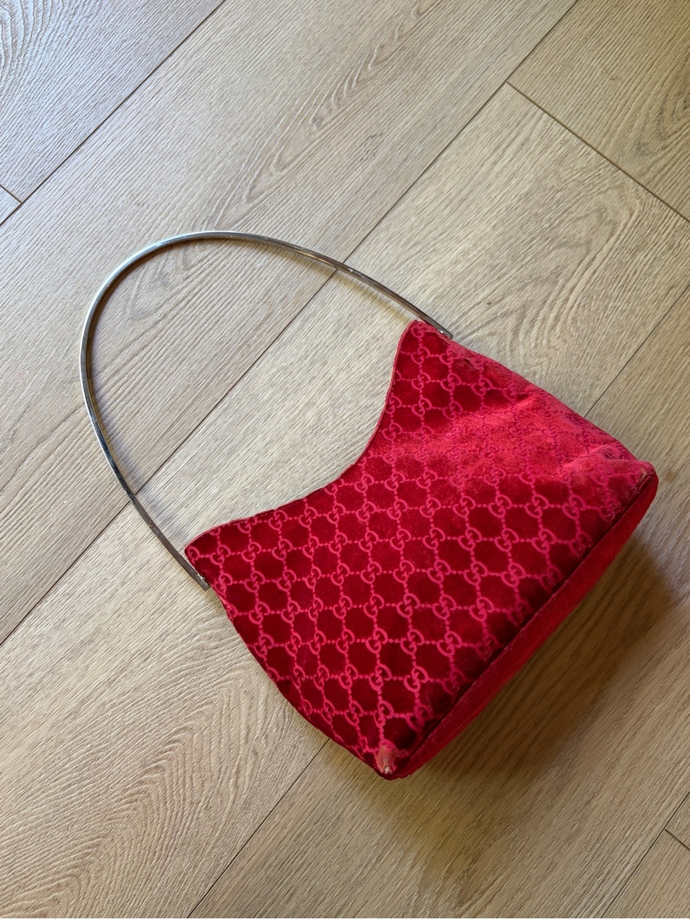 Gucci Red Velvet Monogram Shoulder Bag with Slim Metal Strap